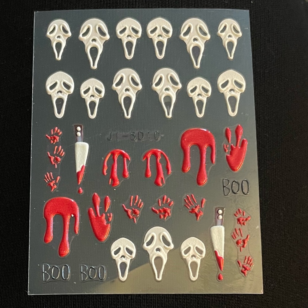 Scream Ghostface 3D Nail Art stickers Halloween goth red blood dagger costume